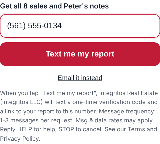 The mobile number field with the Text me my report button and the verification disclosure directly under it
